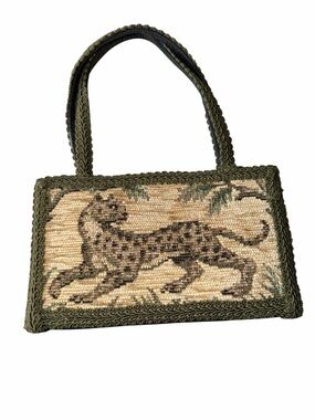 Vintage Lorren Bell Woven Leopard Motif HandBag in Olive and Beige
